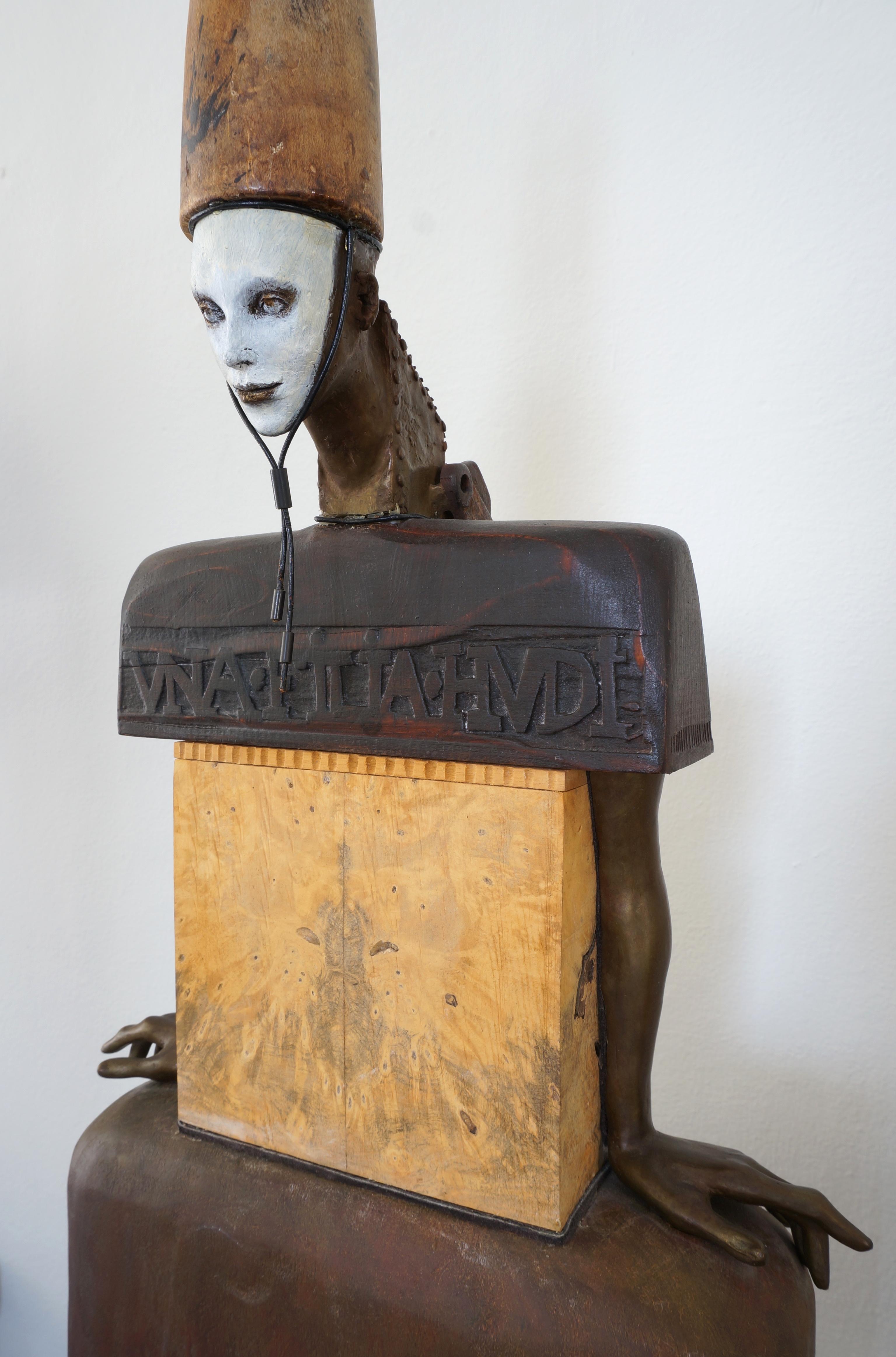 Vintage 2002 Cecilia Z Miguez sculpture 6 foot (measures 71-inch) high Bronze Wood Granite and Found Objects. This amazing, whimsical, dark and eclectic use of materials has all come together to make this art sculpture come to fruition. The piece