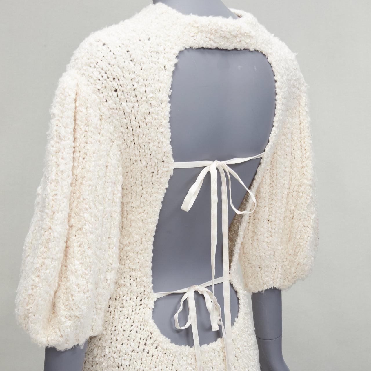 Beige CECILIE BAHNSEN 2020 Latifa 100% silk knitted backless puff sleeves dress UK8 S For Sale
