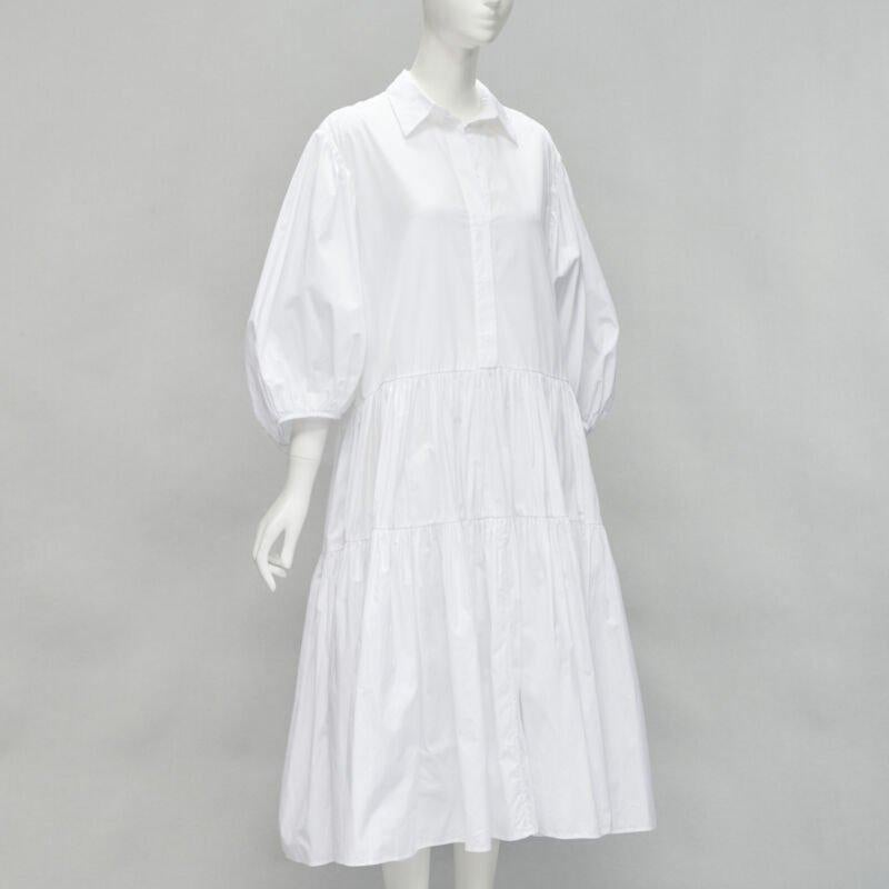 CECILIE BAHNSEN Amy Vestido acampanado de popelina de algodón blanco con volantes UK6 S Gris en venta