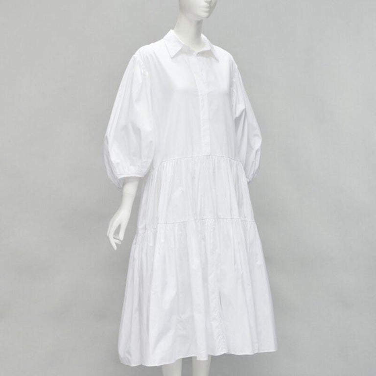 CECILIE BAHNSEN Amy white cotton poplin tiered shirred flared moumou dress  UK6 S at 1stDibs