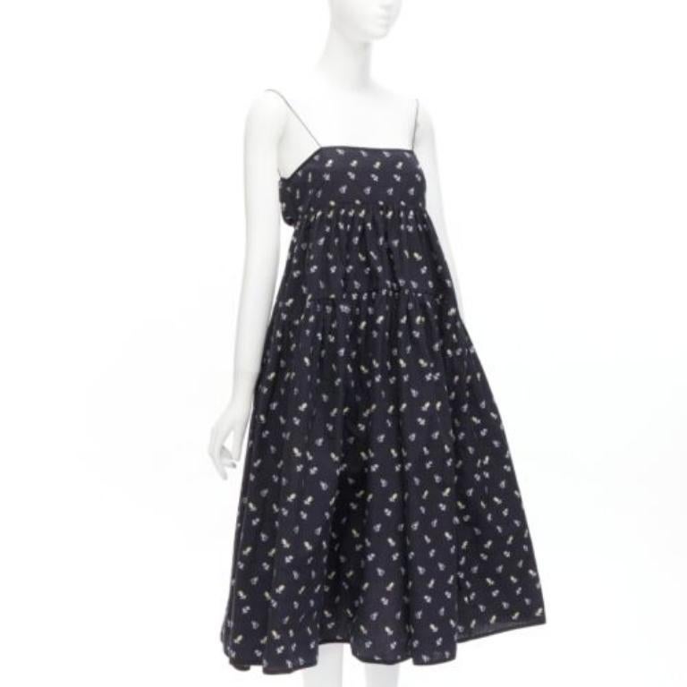 Black CECILIE BAHNSEN black floral empire string strap babydoll flared dress US6 M