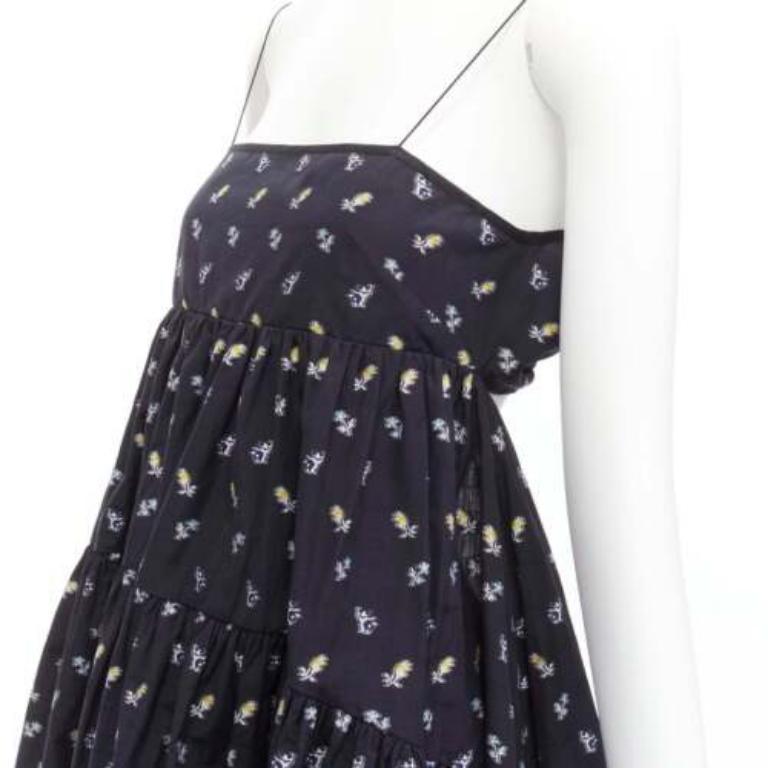 CECILIE BAHNSEN black floral empire string strap babydoll flared dress US6 M 2