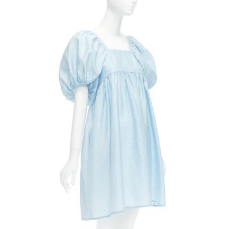 Gray CECILIE BAHNSEN blue silk blend rose silk jacquard puff babydoll dress UK6 XS For Sale