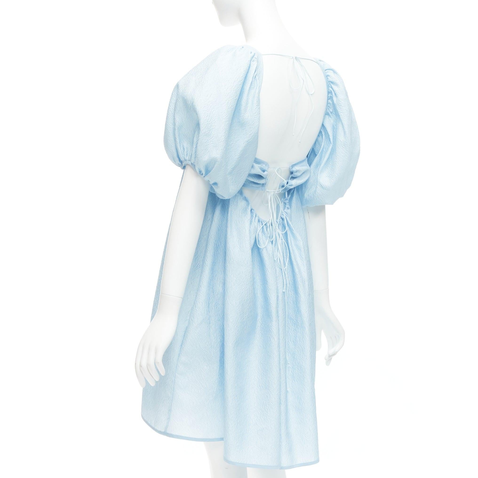 CECILIE BAHNSEN blue silk blend rose silk jacquard puff babydoll dress UK6 XS For Sale 1