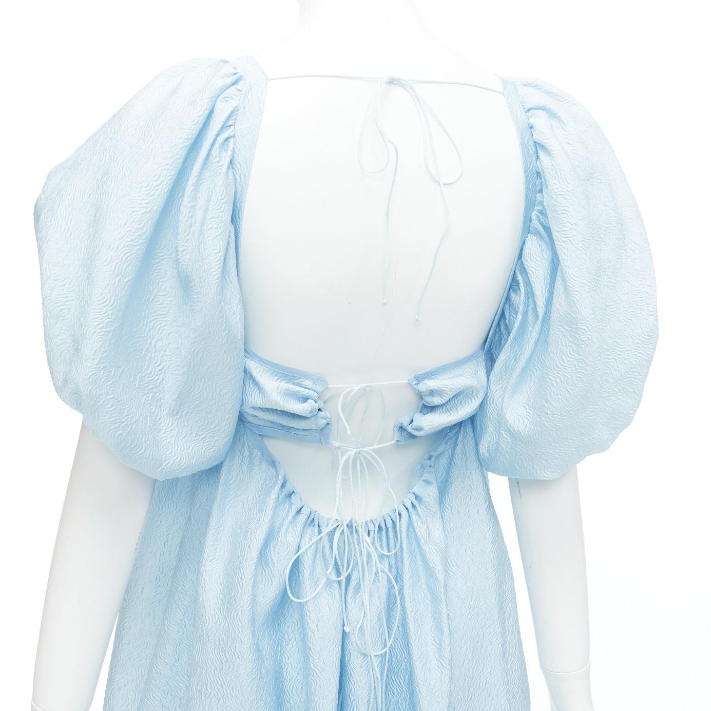 CECILIE BAHNSEN blue silk blend rose silk jacquard puff babydoll dress UK6 XS For Sale 2