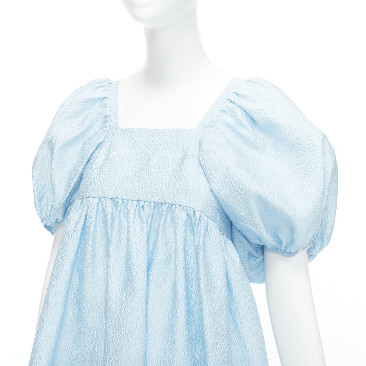 CECILIE BAHNSEN blue silk blend rose silk jacquard puff babydoll dress UK6 XS For Sale 3