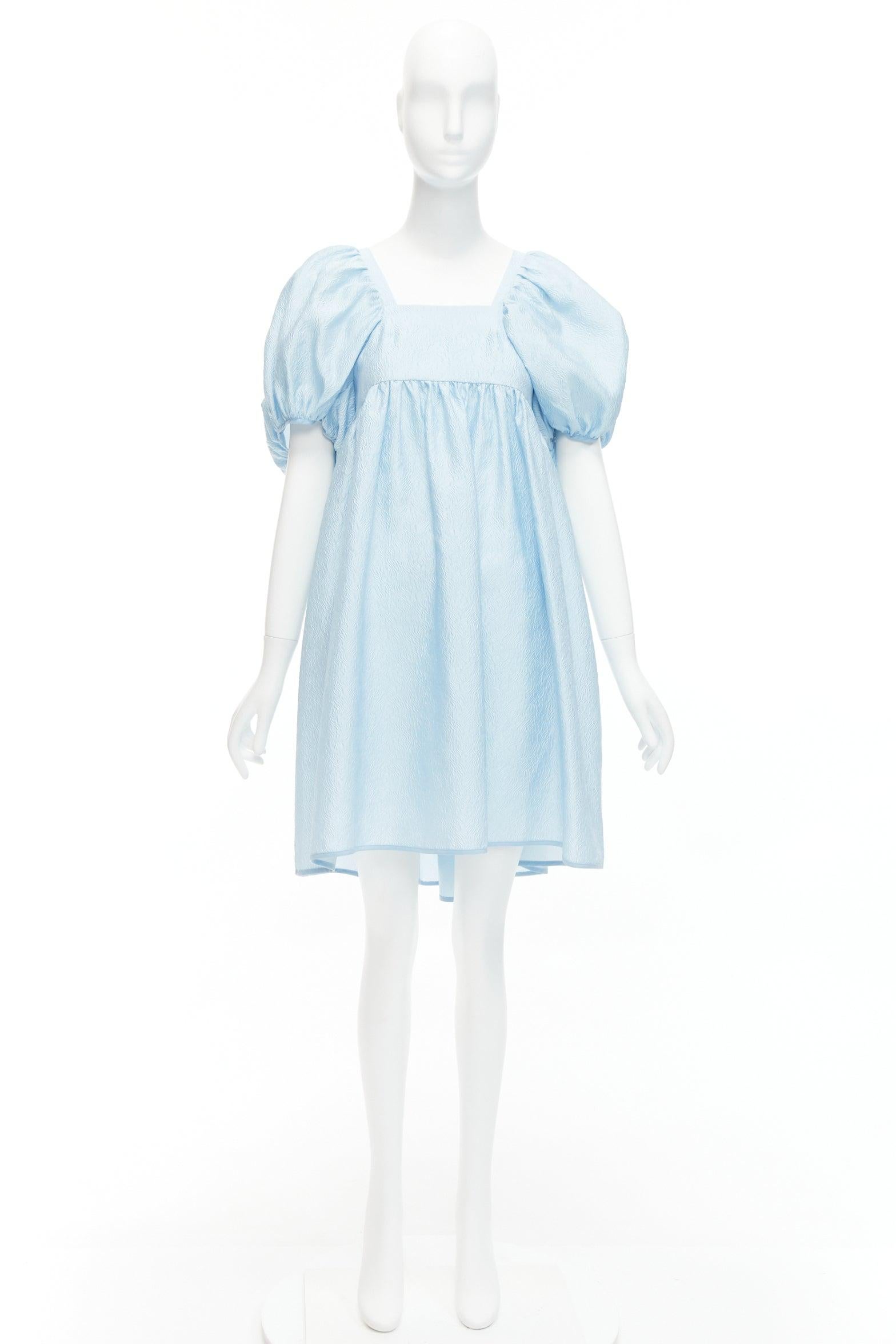CECILIE BAHNSEN blue silk blend rose silk jacquard puff babydoll dress UK6 XS For Sale 5