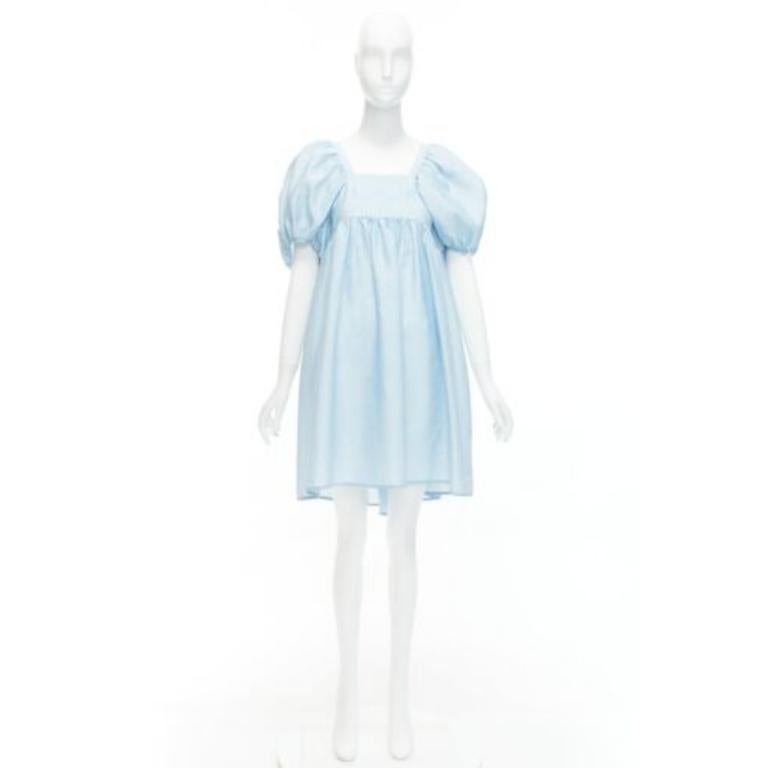 Cecilie Bahnsen Blue Silk Blend Rose Silk Jacquard Puff Babydoll Dress UK6 Xs