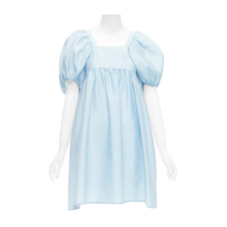 Cecilie Bahnsen Blue Silk Blend Rose Silk Jacquard Puff Babydoll Dress Uk6 Xs