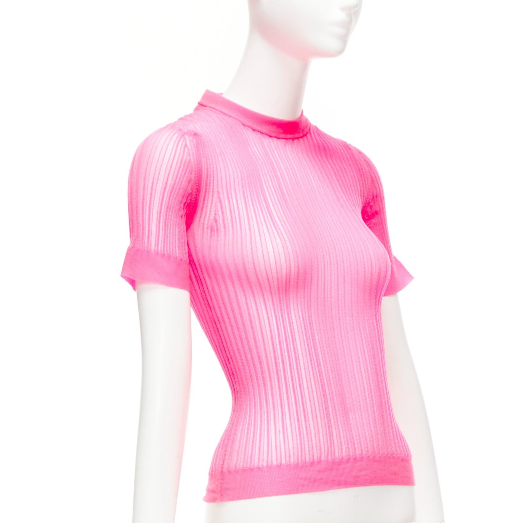 CECILIE BAHNSEN Fabienne neon pink ribber sheer crew flare sleeve top XS In New Condition For Sale In Hong Kong, NT