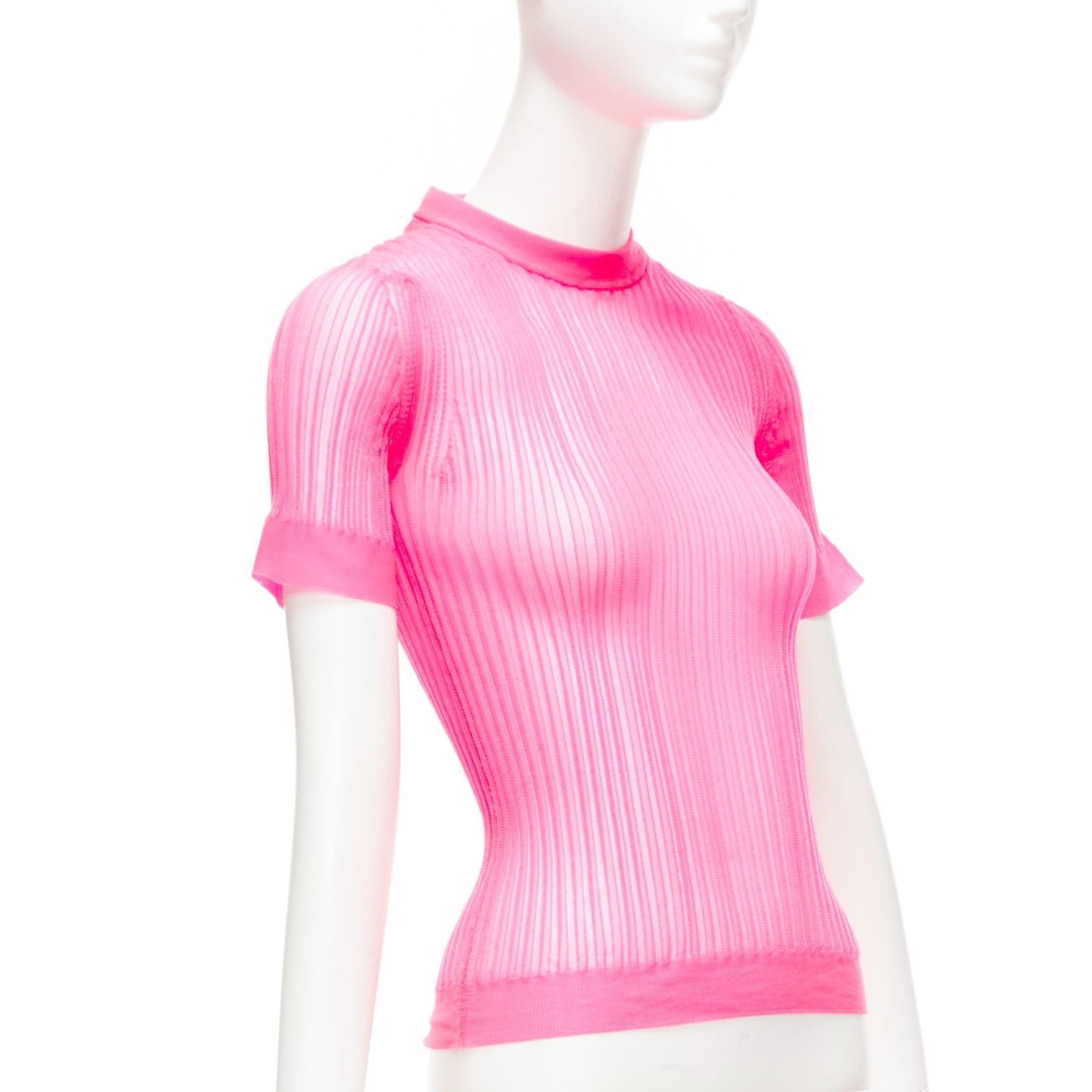 Pink CECILIE BAHNSEN Fabienne neon pink ribber sheer crew flare sleeve top XS For Sale
