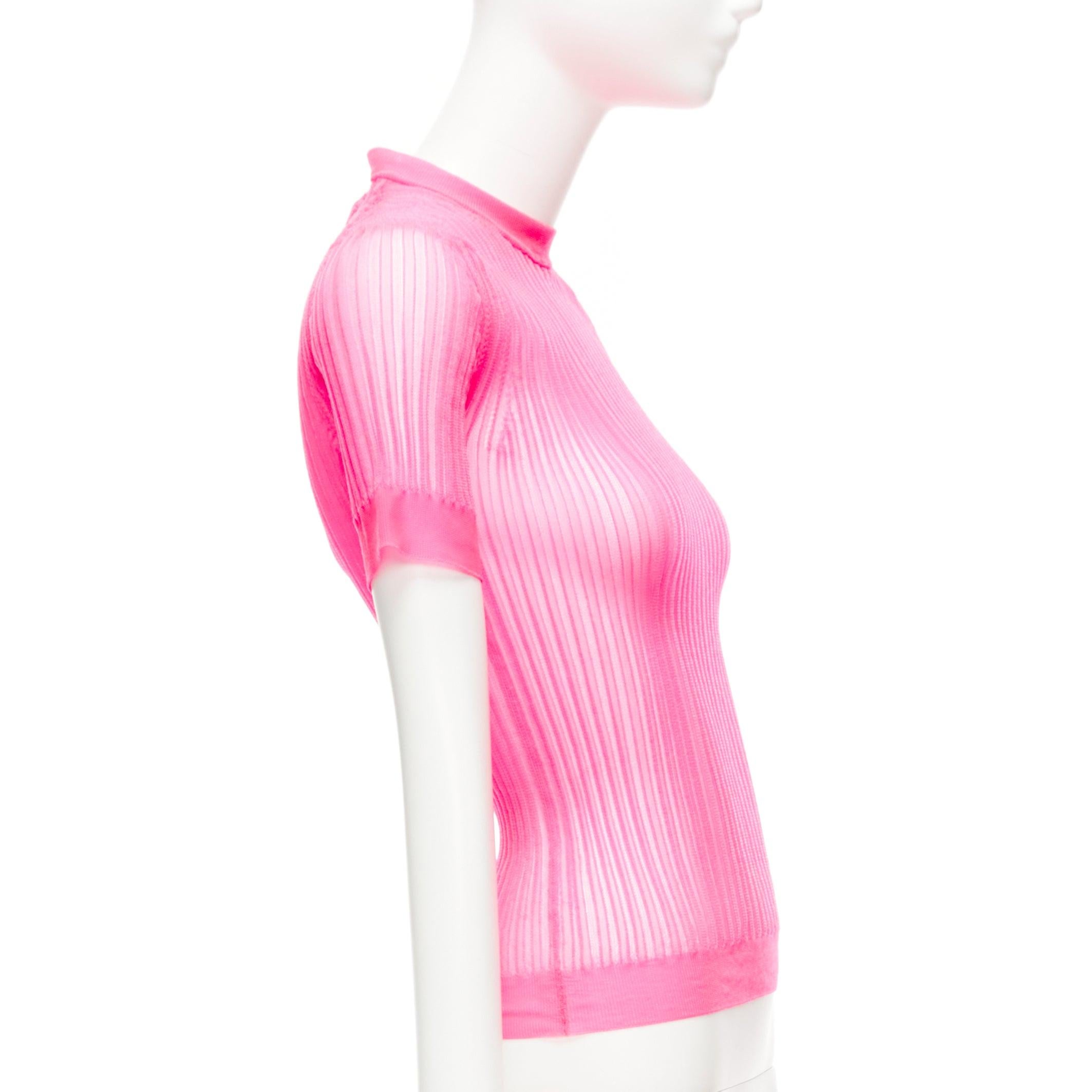 CECILIE BAHNSEN Fabienne neon pink ribber sheer crew flare sleeve top XS In New Condition For Sale In Hong Kong, NT