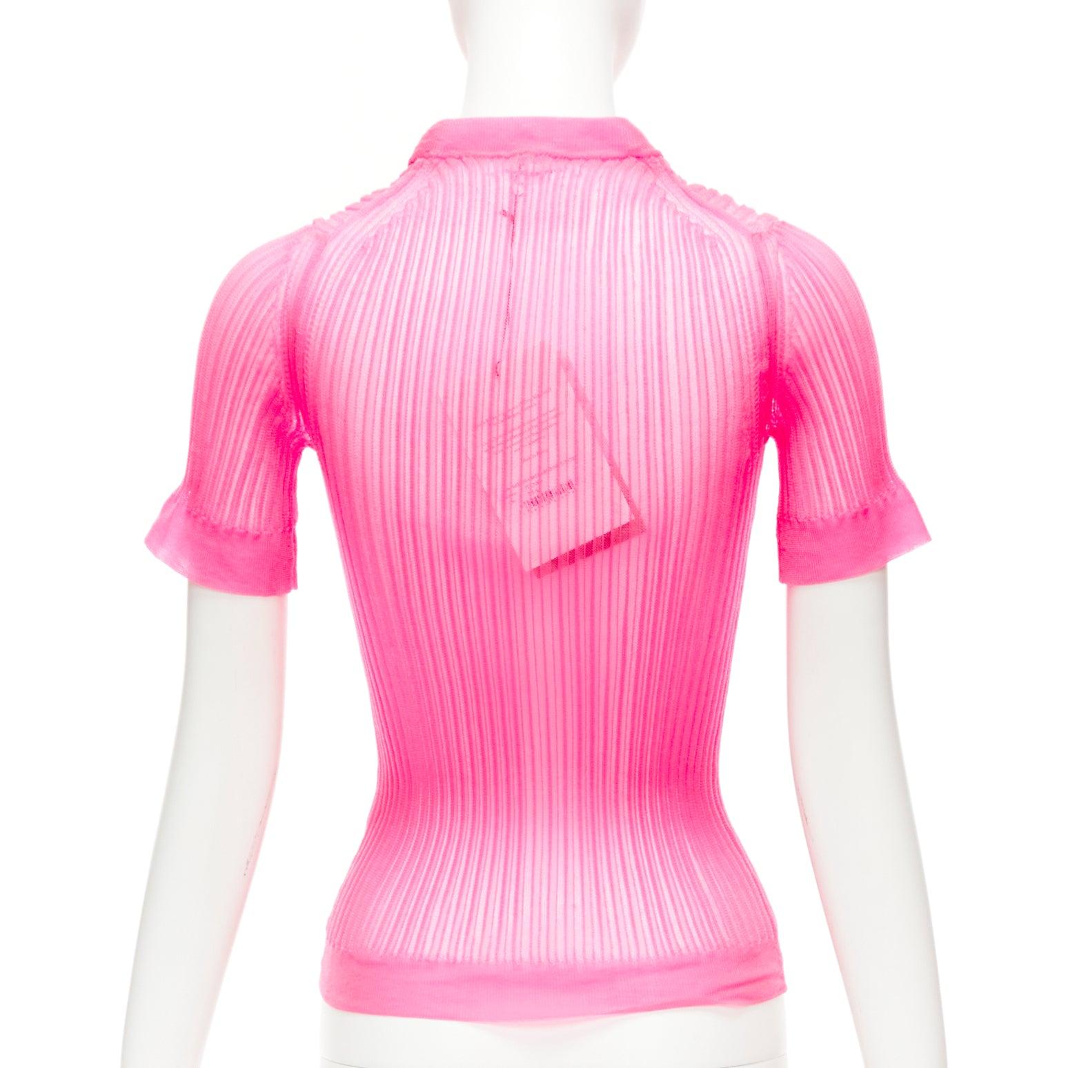 CECILIE BAHNSEN Fabienne neon pink ribber sheer crew flare sleeve top XS For Sale 1