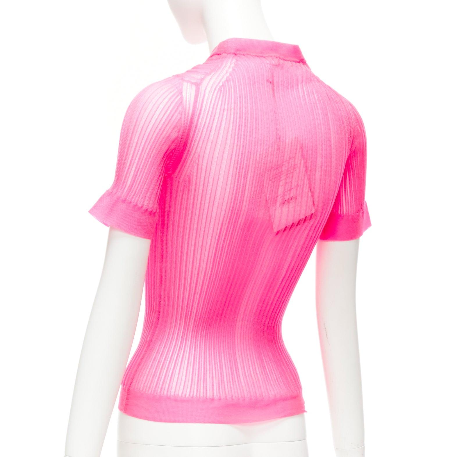 CECILIE BAHNSEN Fabienne neon pink ribber sheer crew flare sleeve top XS For Sale 2