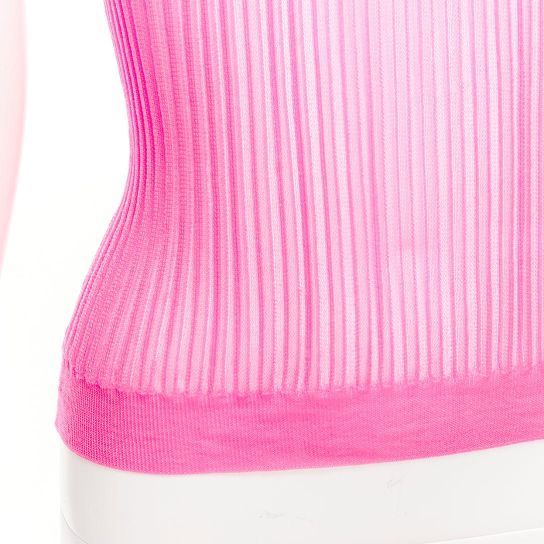 CECILIE BAHNSEN Fabienne neon pink ribber sheer crew flare sleeve top XS For Sale 2