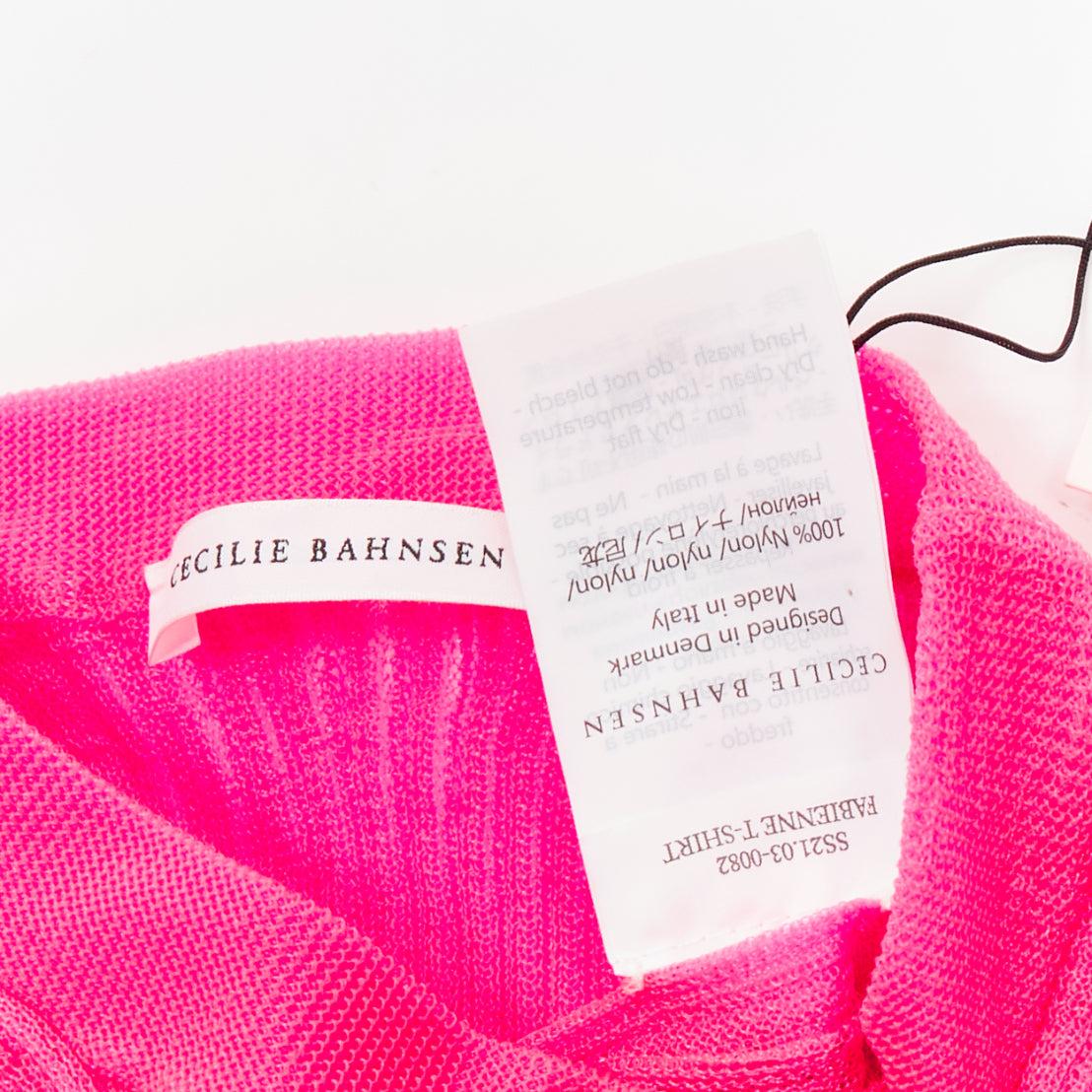 CECILIE BAHNSEN Fabienne neon pink ribber sheer crew flare sleeve top XS For Sale 3