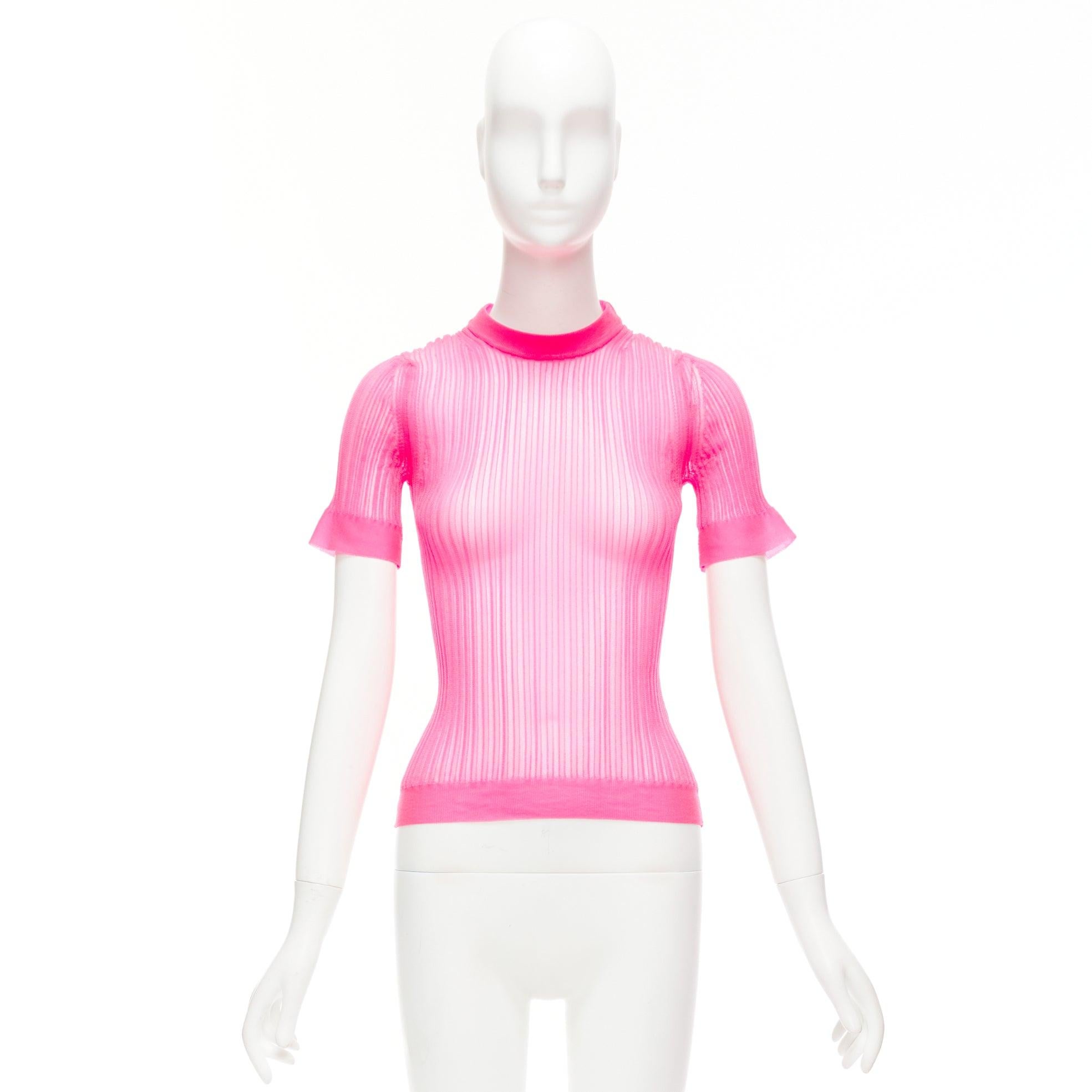 CECILIE BAHNSEN Fabienne neon pink ribber sheer crew flare sleeve top XS For Sale 5
