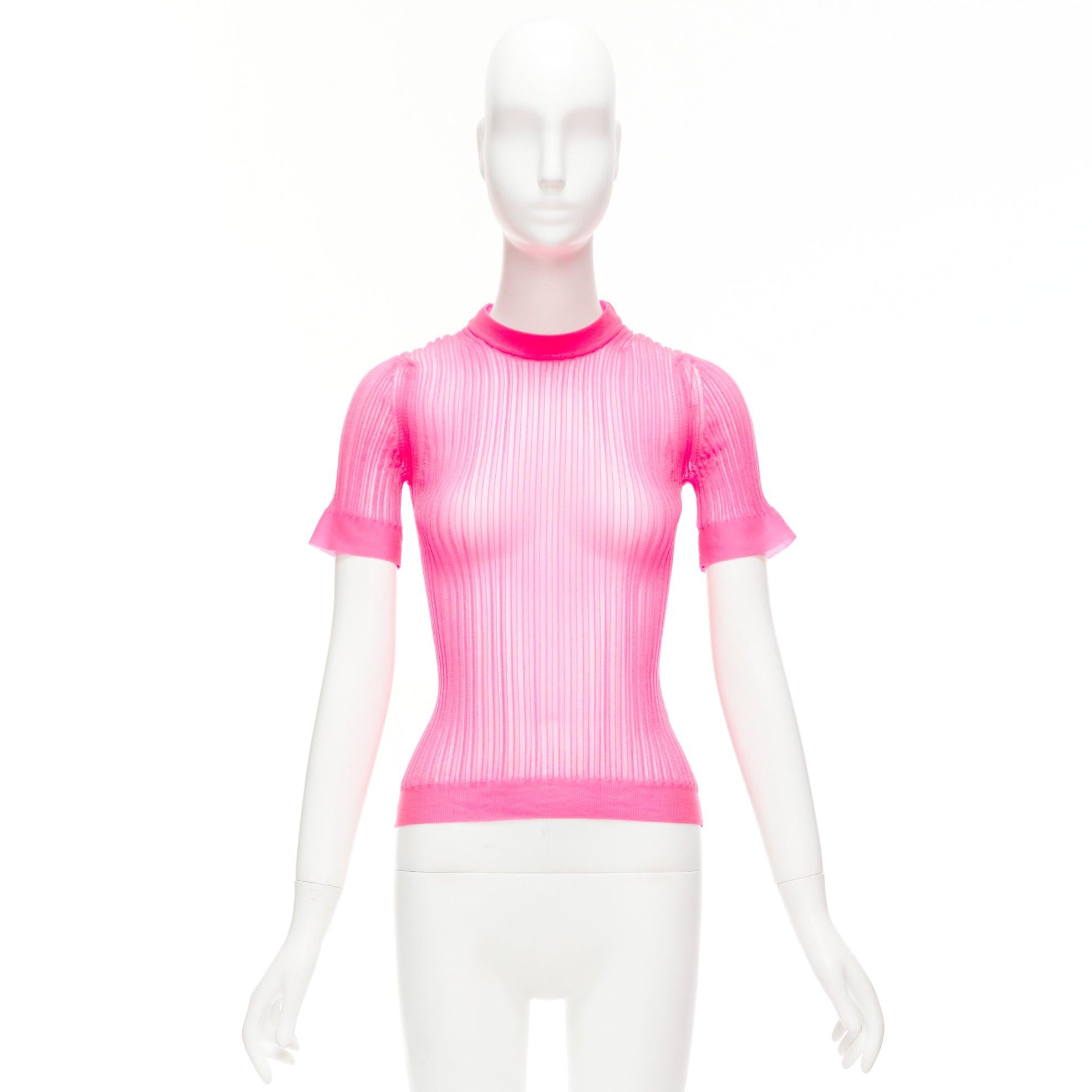 CECILIE BAHNSEN Fabienne neon pink ribber sheer crew flare sleeve top XS For Sale 4