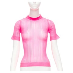 CECILIE BAHNSEN Fabienne neon pink ribber sheer crew flare sleeve top XS