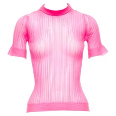 CECILIE BAHNSEN Fabienne neon pink ribber sheer crew flare sleeve top XS