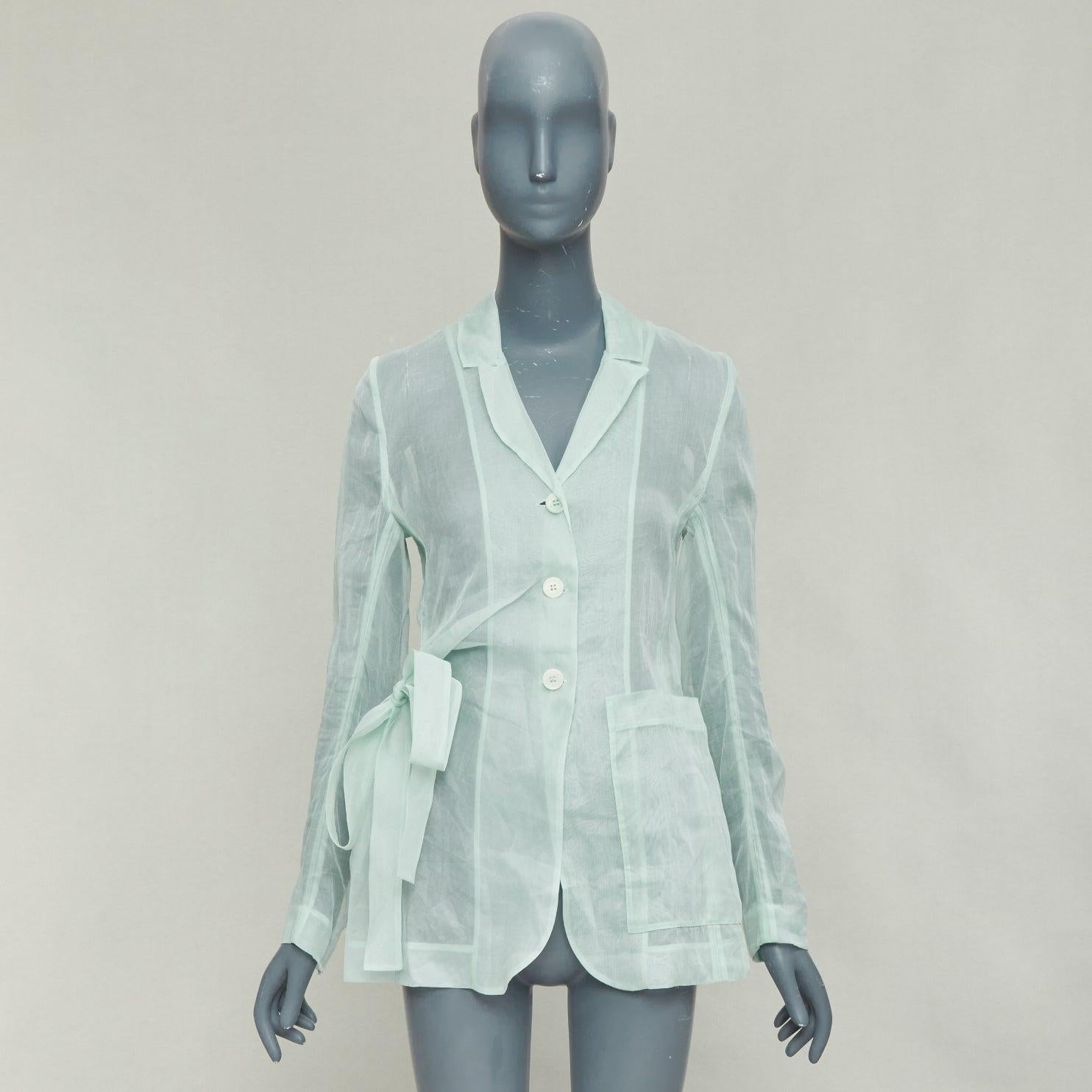 CECILIE BAHNSEN Fisola blazer de algodón verde menta con lazo en la cintura UK8 S en venta 5