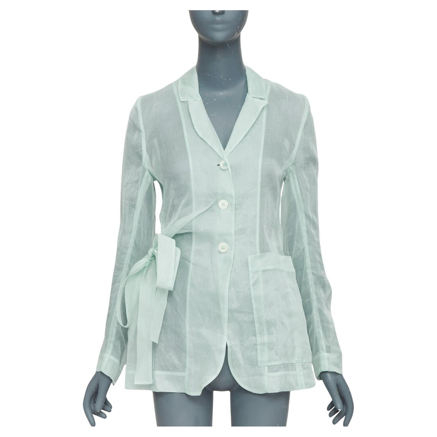 CECILIE BAHNSEN Fisola mint green cotton sheer bow tie waist blazer UK8 S