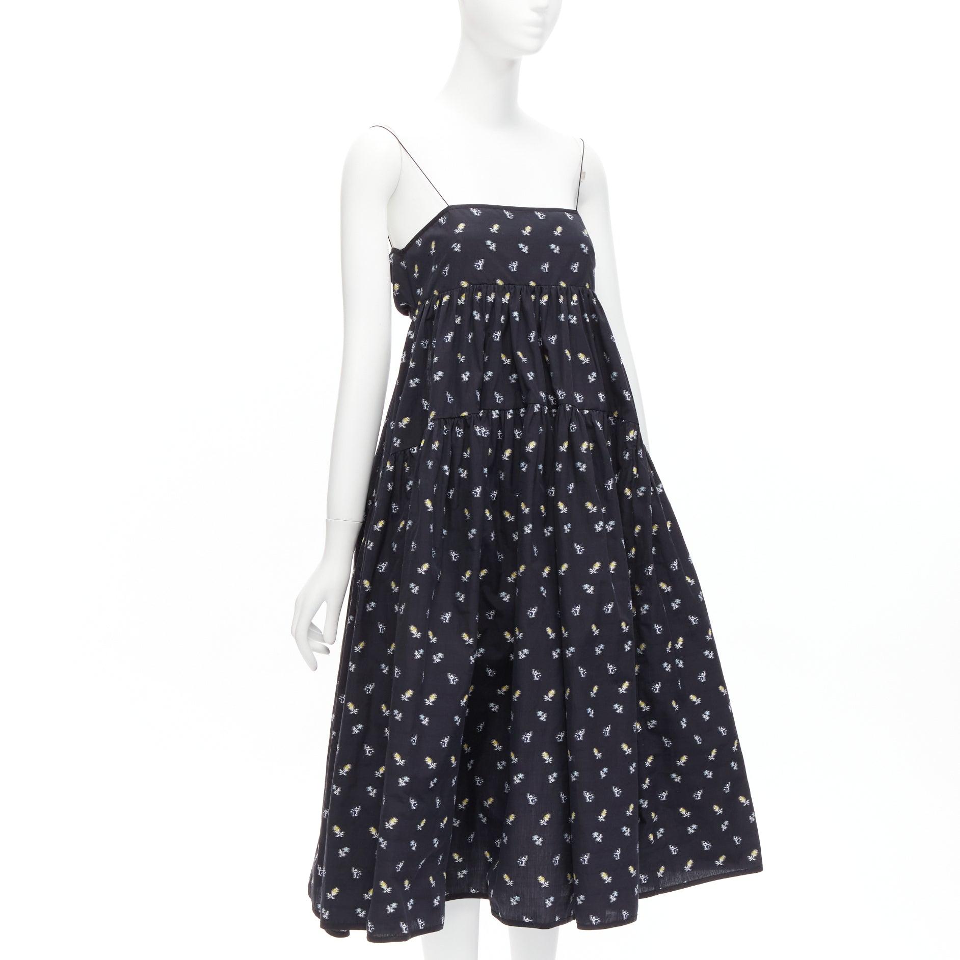 Black CECILIE BAHNSEN floral empire waist string strap babydoll flared dress US6 M For Sale