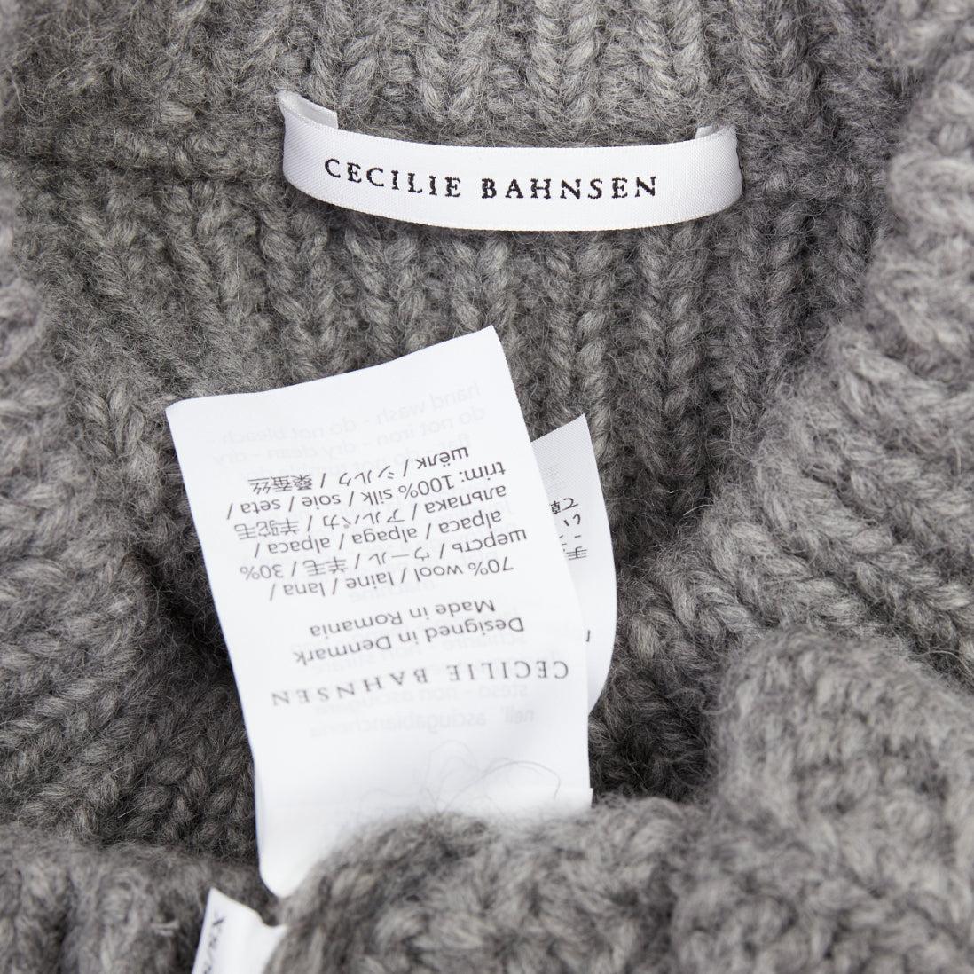 CECILIE BAHNSEN graue Wolle grob gestrickt 100% Seide versetzt zurück Krawatte Pullover XS im Angebot 3