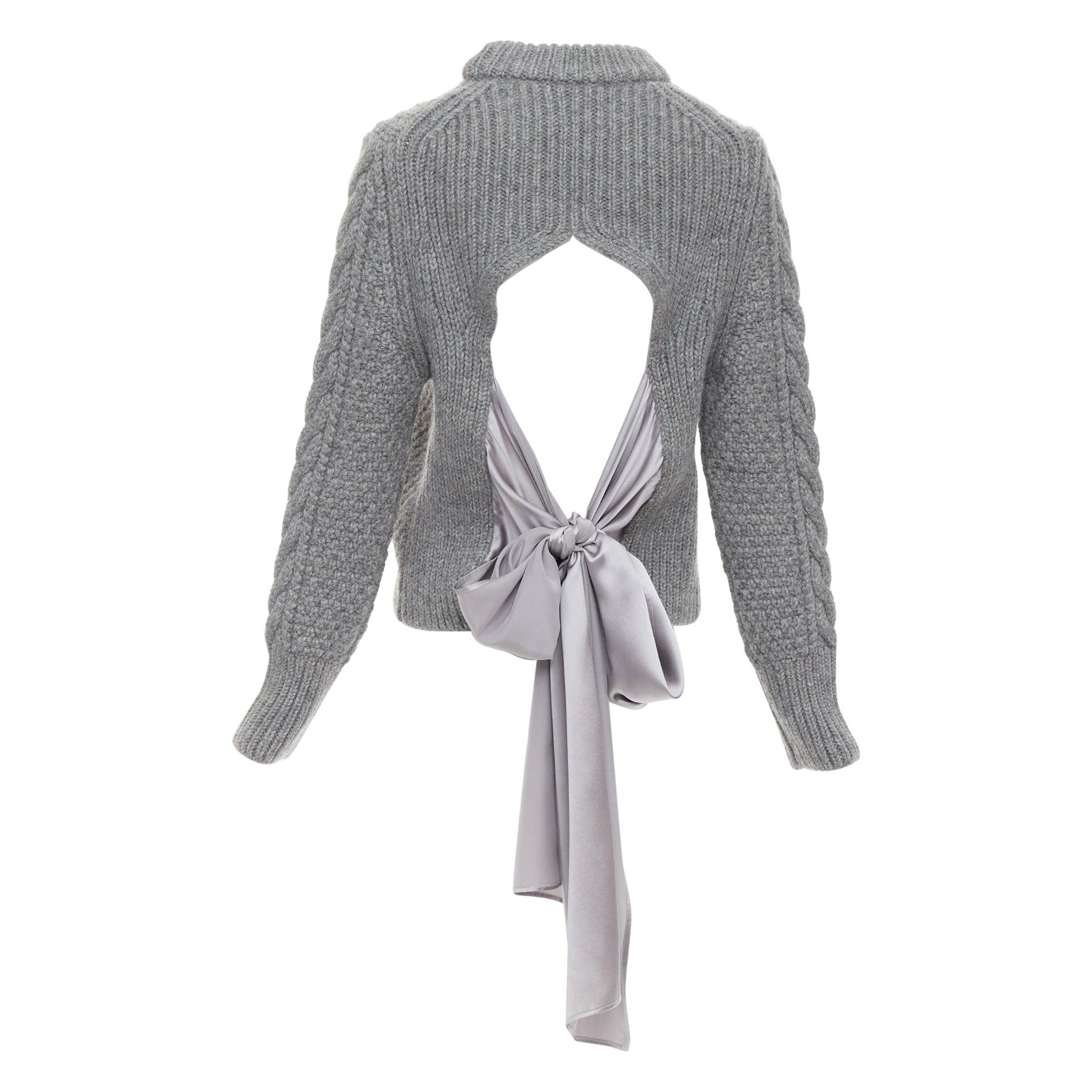 CECILIE BAHNSEN graue Wolle grob gestrickt 100% Seide versetzt zurück Krawatte Pullover XS im Angebot