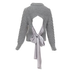 CECILIE BAHNSEN grey wool chunky knit 100% silk offset back tie sweater XS