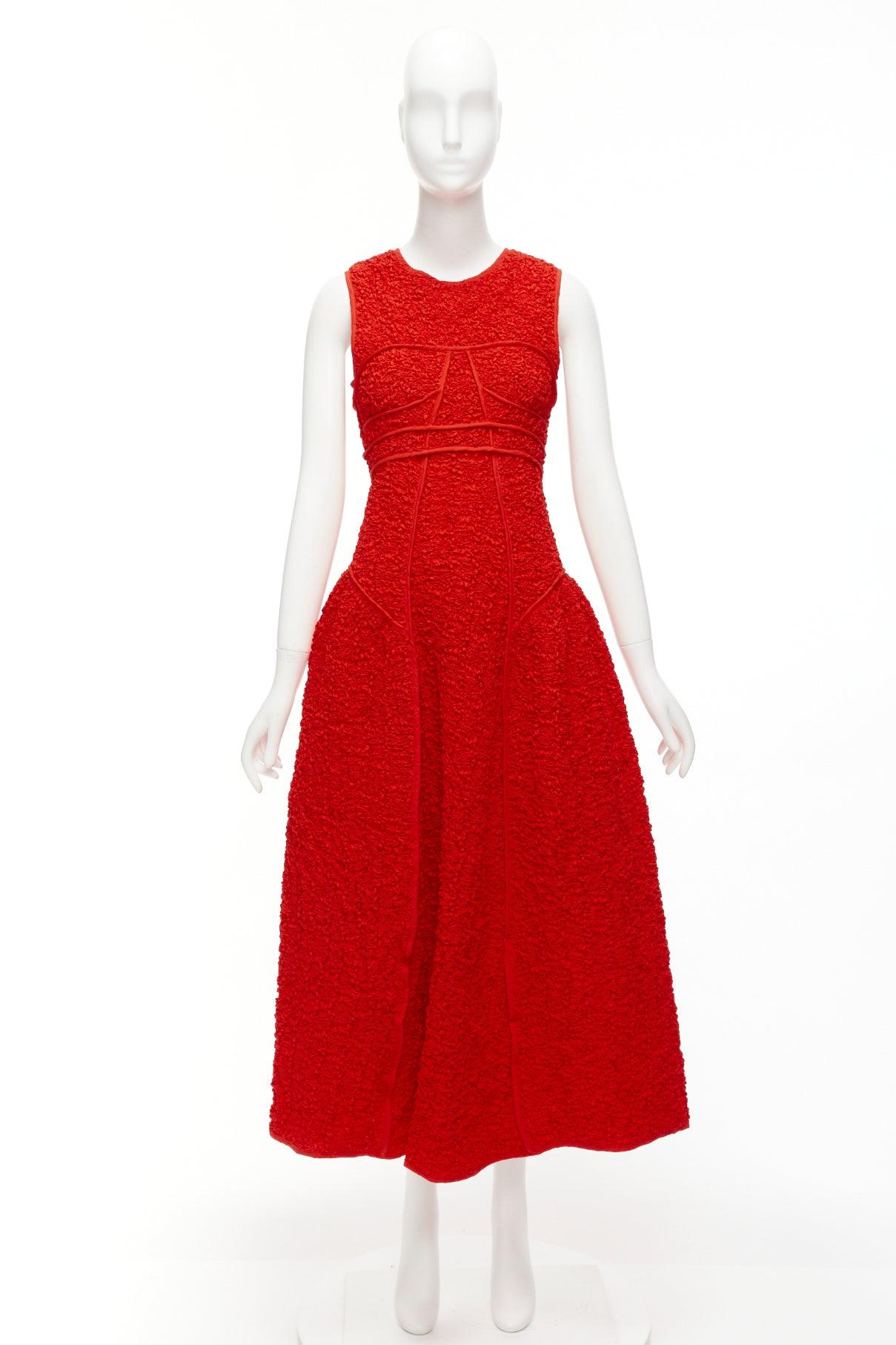 CECILIE BAHNSEN Lia red cotton blend cloque panelled fitted midi dress UK8 S 5