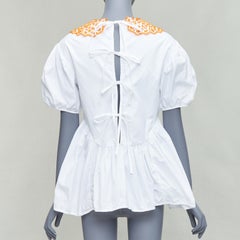 CECILIE BAHNSEN Mie top a sbuffo in cotone bianco e arancione con colletto applicato UK6 XS