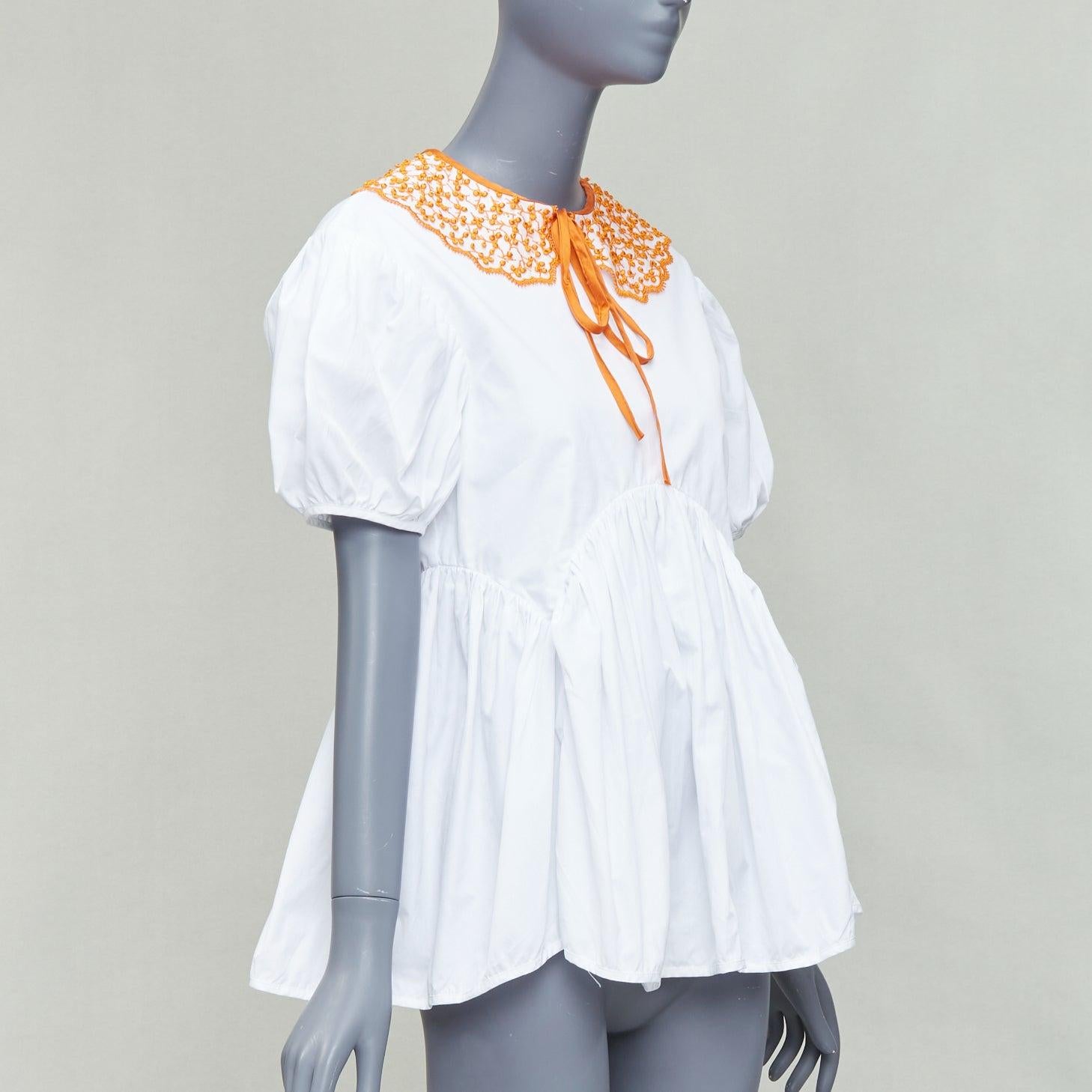 Gray CECILIE BAHNSEN Mie white cotton orange applique collar puff top UK6 XS For Sale