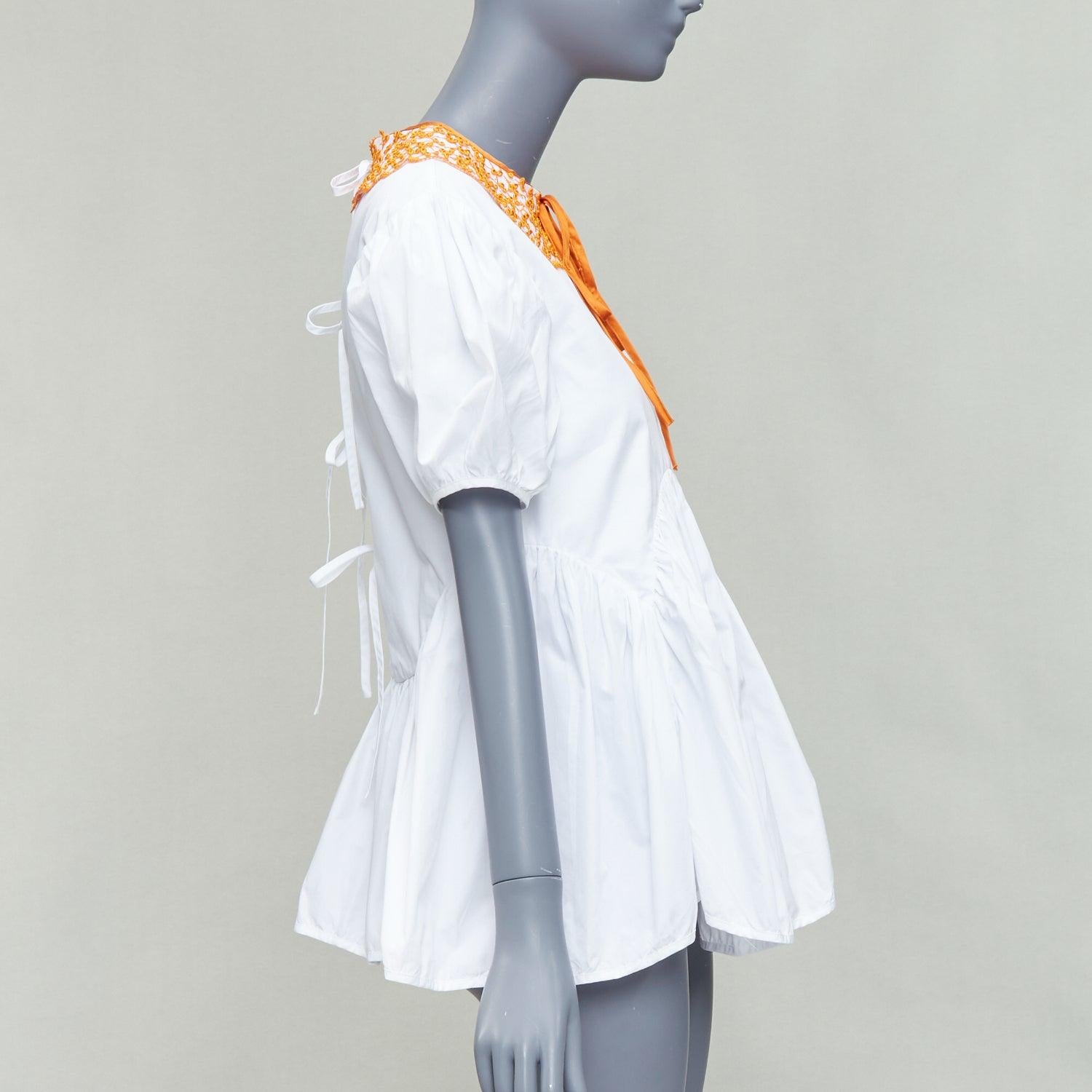 CECILIE BAHNSEN Mie white cotton orange applique collar puff top UK6 XS In Excellent Condition For Sale In Hong Kong, NT