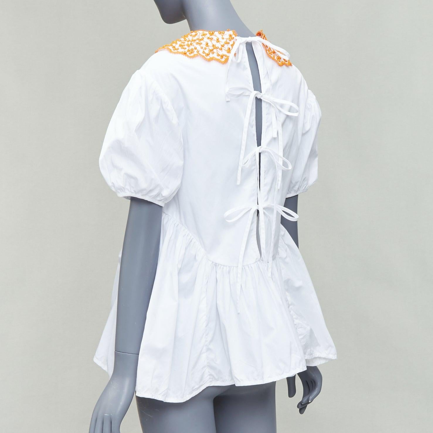 Women's CECILIE BAHNSEN Mie white cotton orange applique collar puff top UK6 XS For Sale