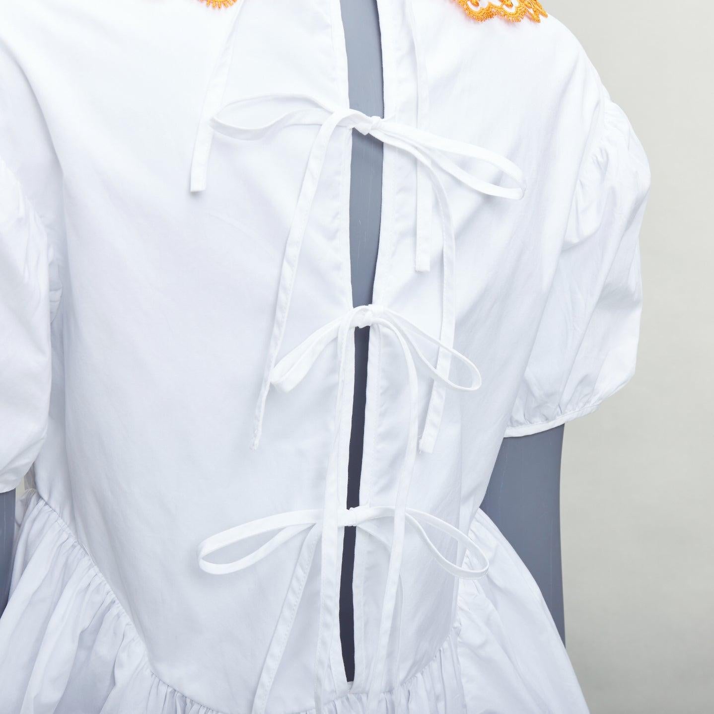 CECILIE BAHNSEN Mie white cotton orange applique collar puff top UK6 XS For Sale 1