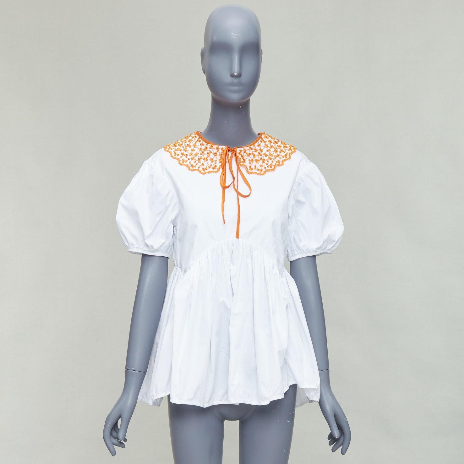 CECILIE BAHNSEN Mie white cotton orange applique collar puff top UK6 XS For Sale 4