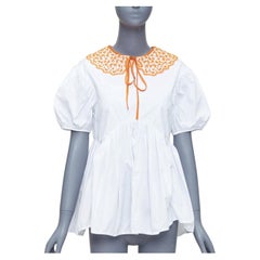 CECILIE BAHNSEN Mie top a sbuffo in cotone bianco e arancione con colletto applicato UK6 XS