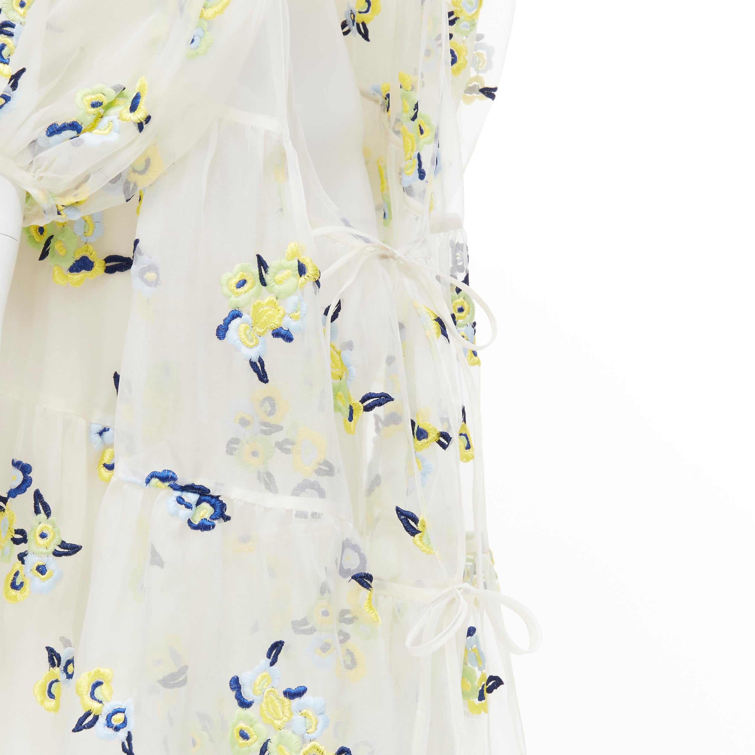 CECILIE BAHNSEN Runway white blue yellow floral embroidery sheer puff dress XS 3