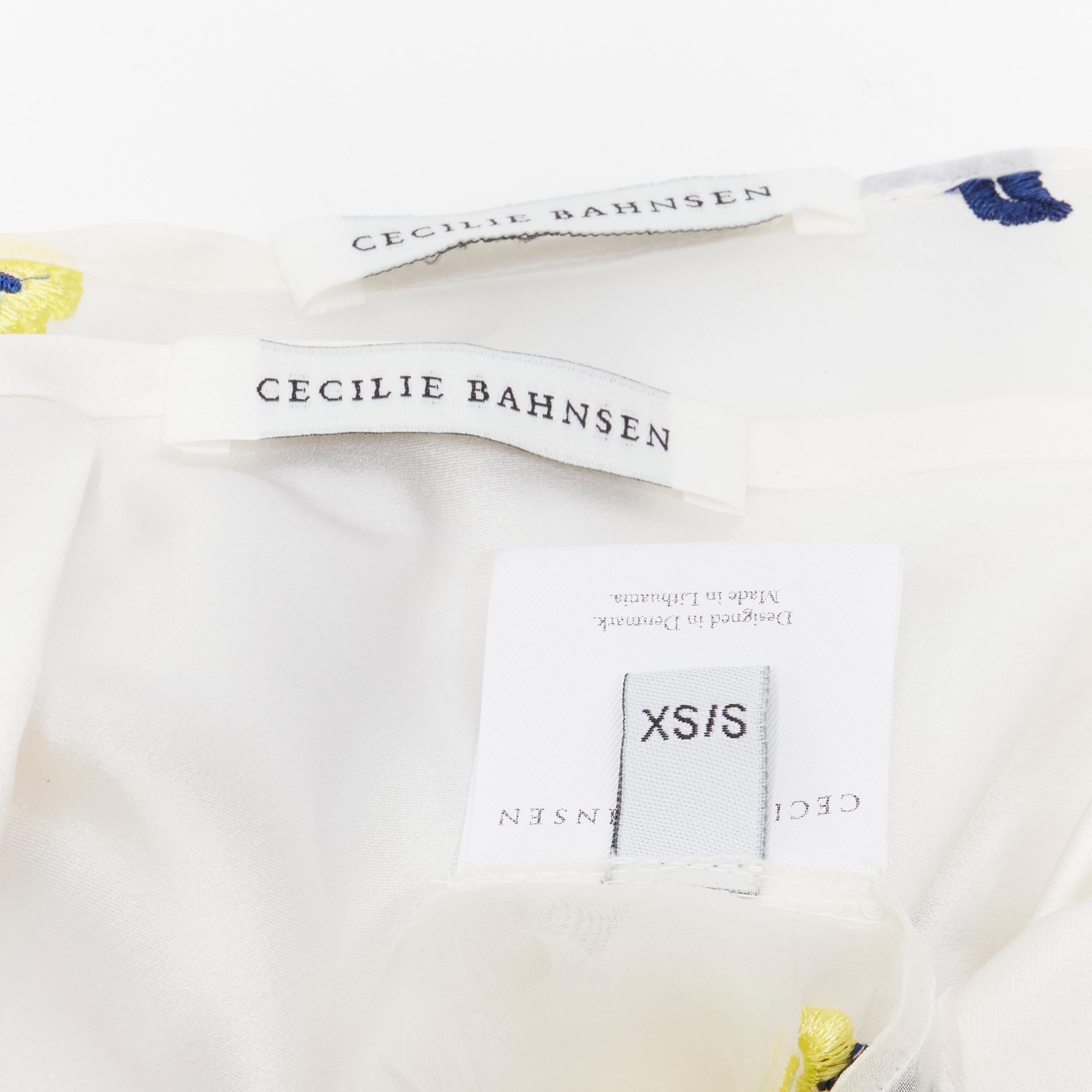 CECILIE BAHNSEN Runway white blue yellow floral embroidery sheer puff dress XS 3