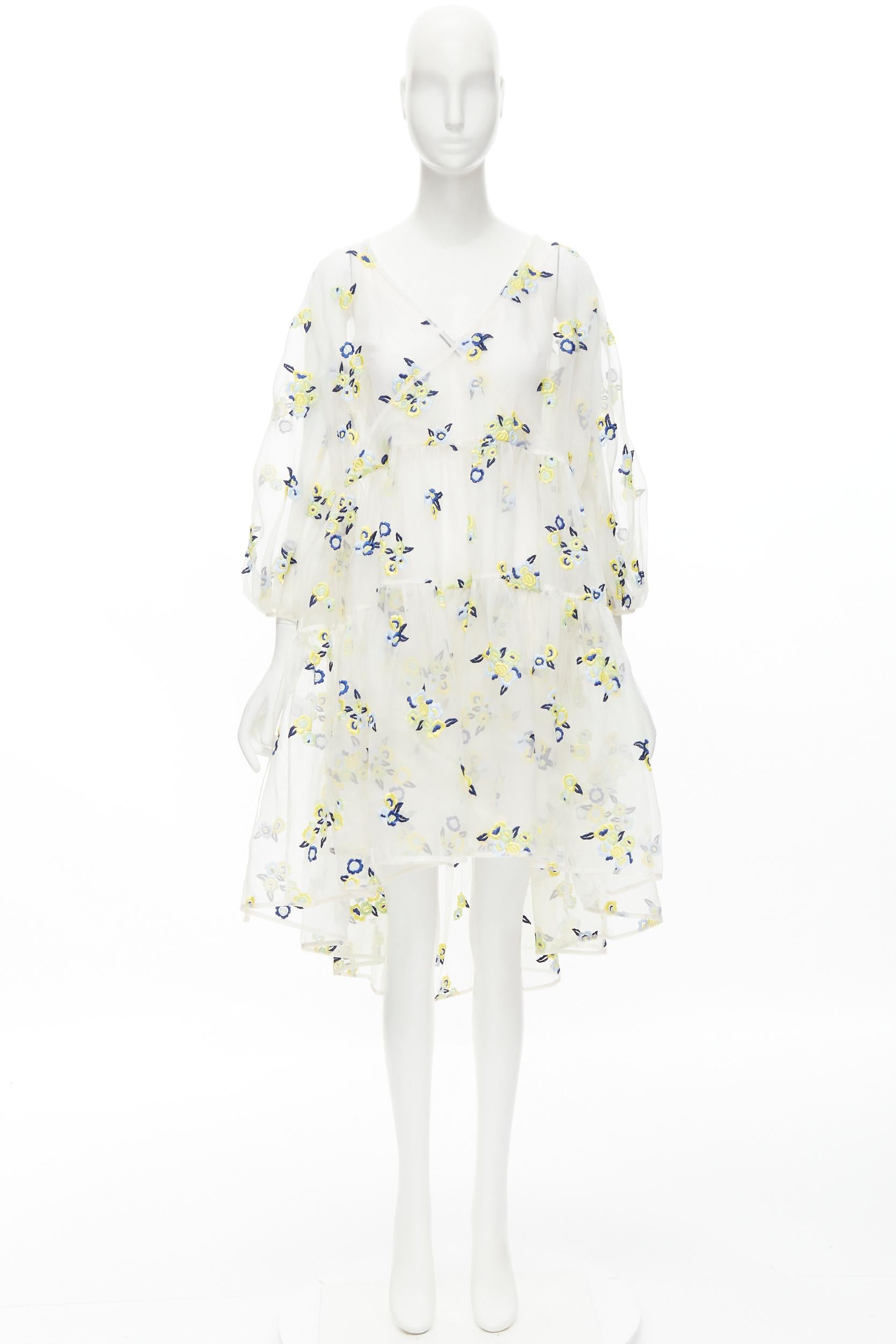 CECILIE BAHNSEN Runway white blue yellow floral embroidery sheer puff dress XS 5