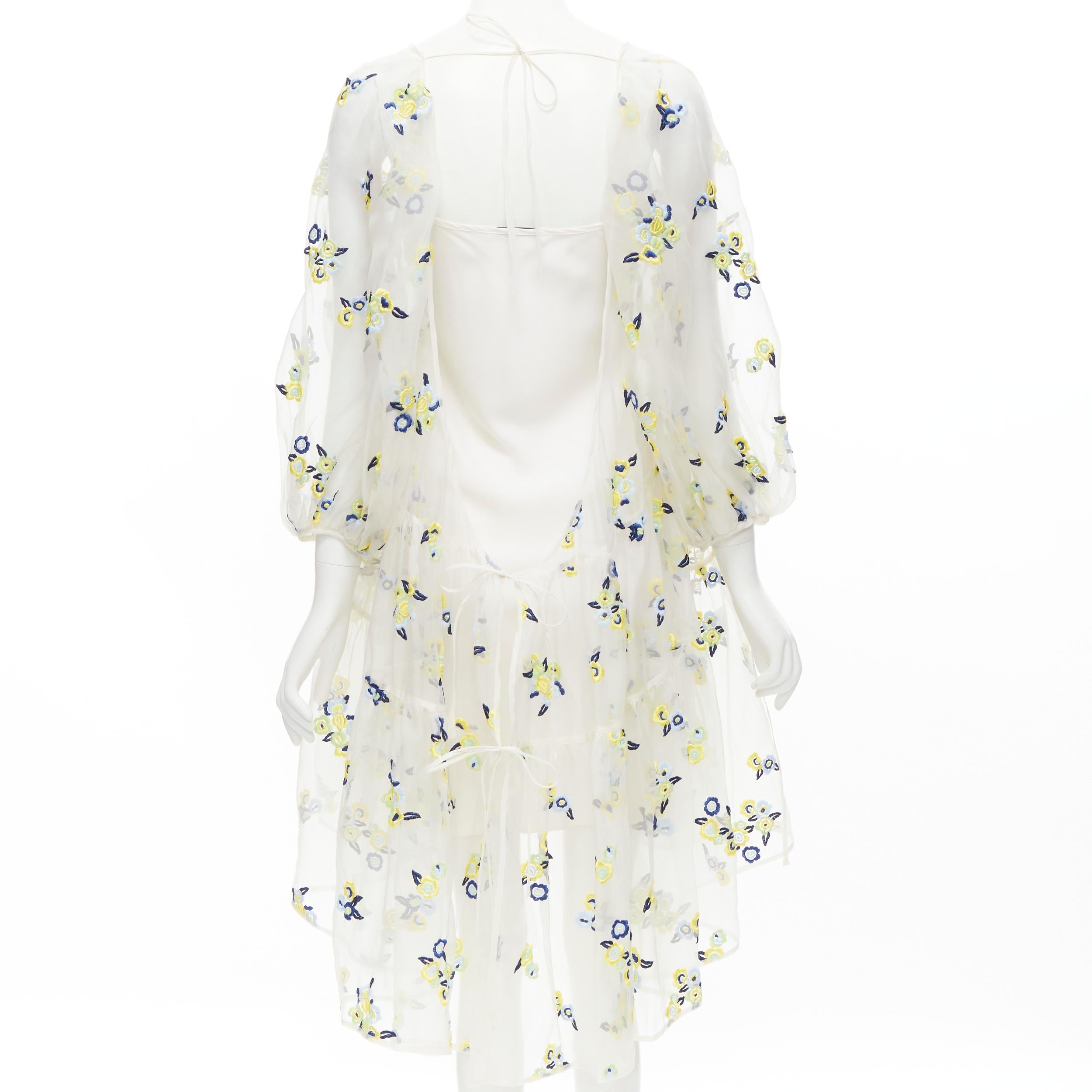Beige CECILIE BAHNSEN Runway white blue yellow floral embroidery sheer puff dress XS