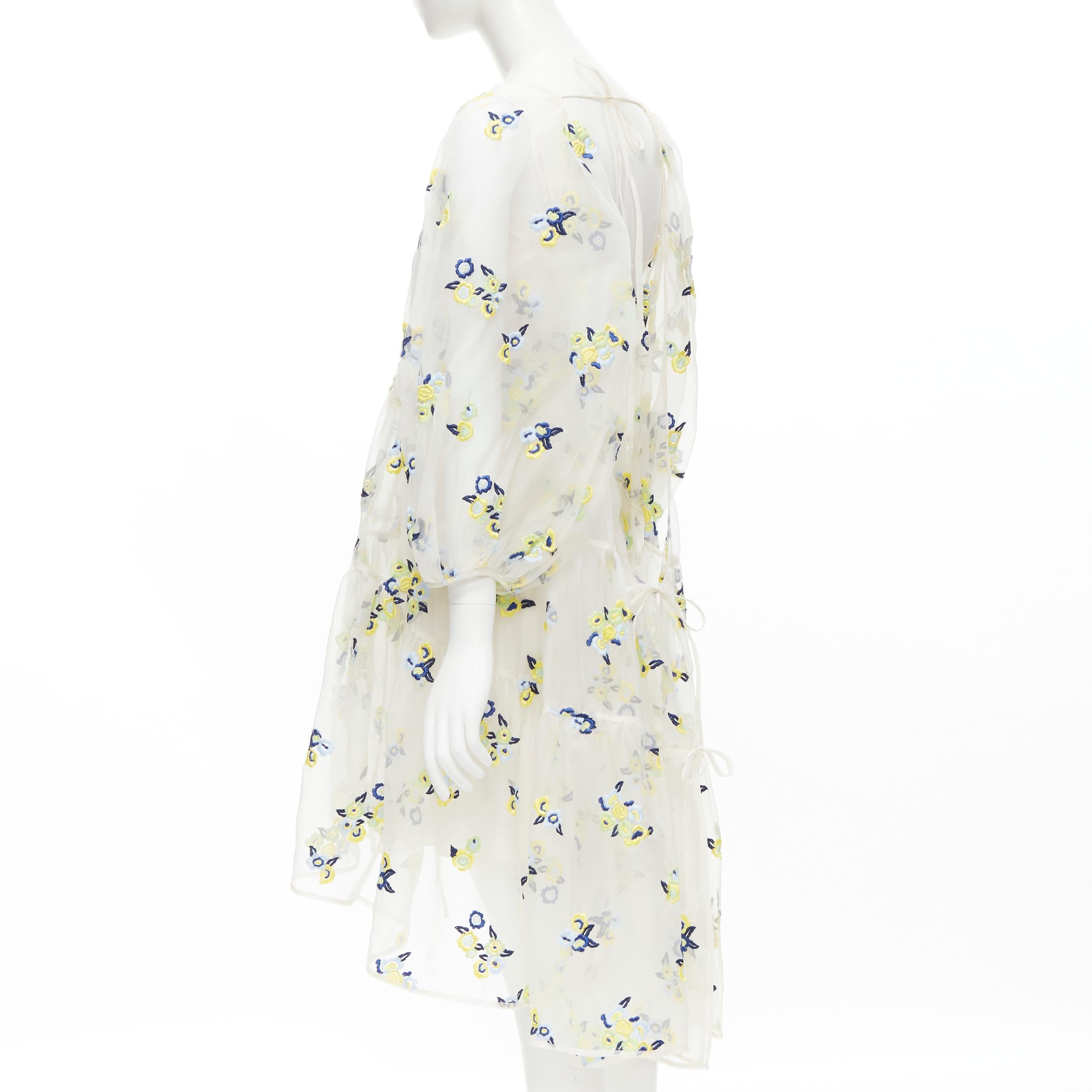 CECILIE BAHNSEN Runway white blue yellow floral embroidery sheer puff dress XS In Excellent Condition In Hong Kong, NT