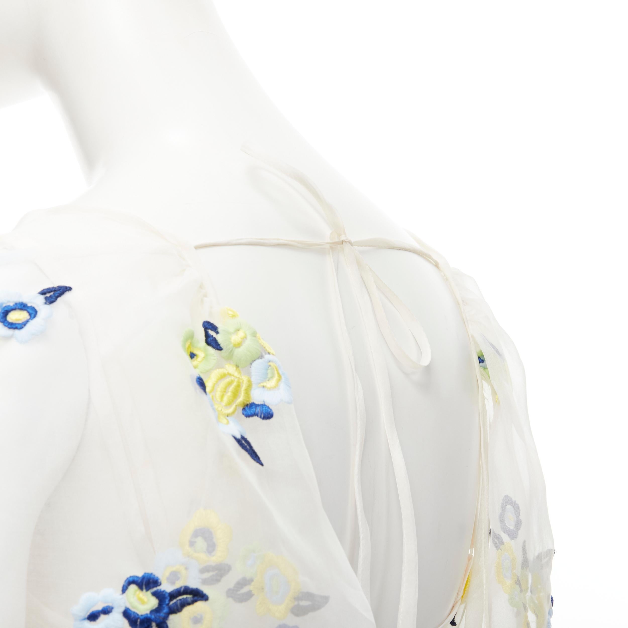 CECILIE BAHNSEN Runway white blue yellow floral embroidery sheer puff dress XS 1