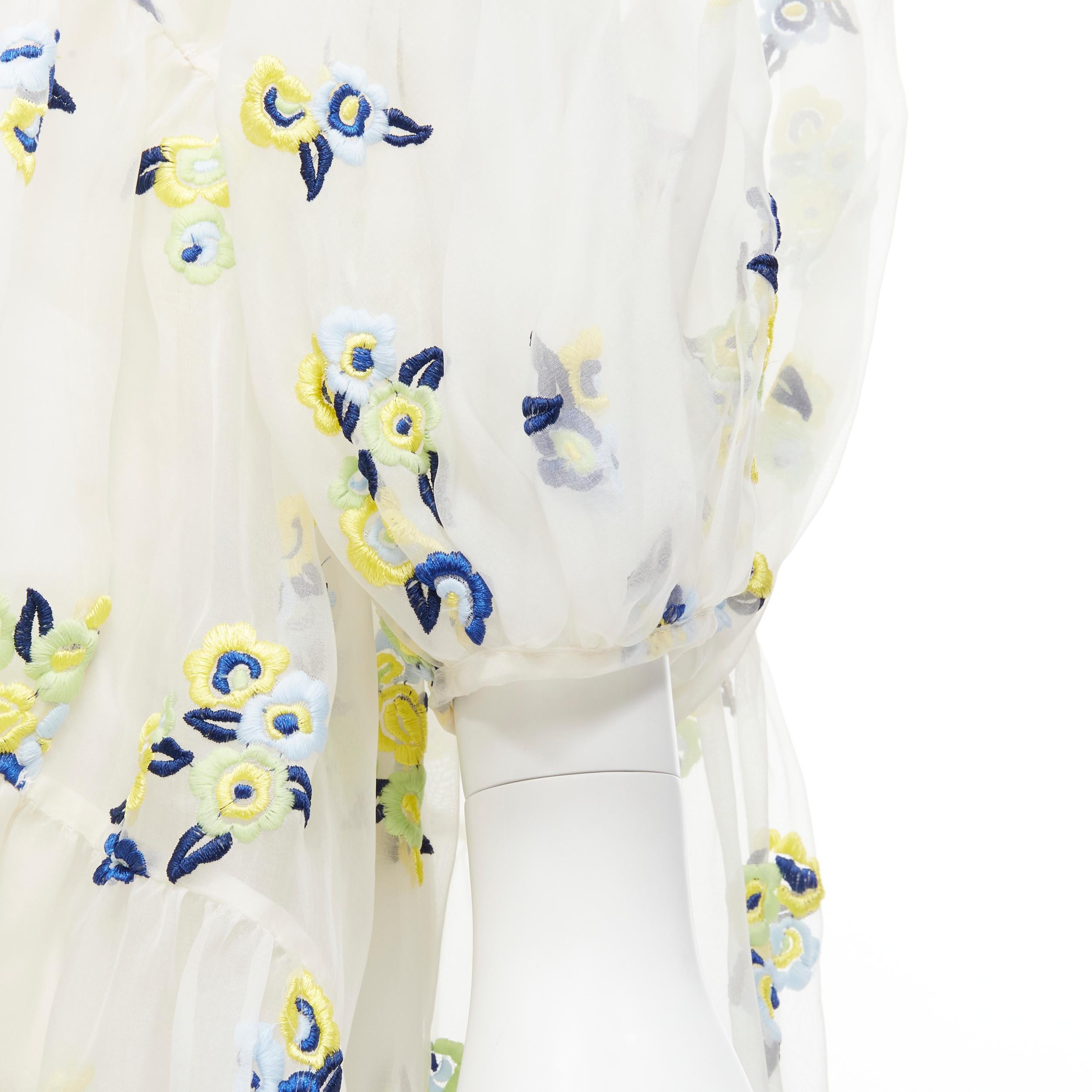 CECILIE BAHNSEN Runway white blue yellow floral embroidery sheer puff dress XS 1