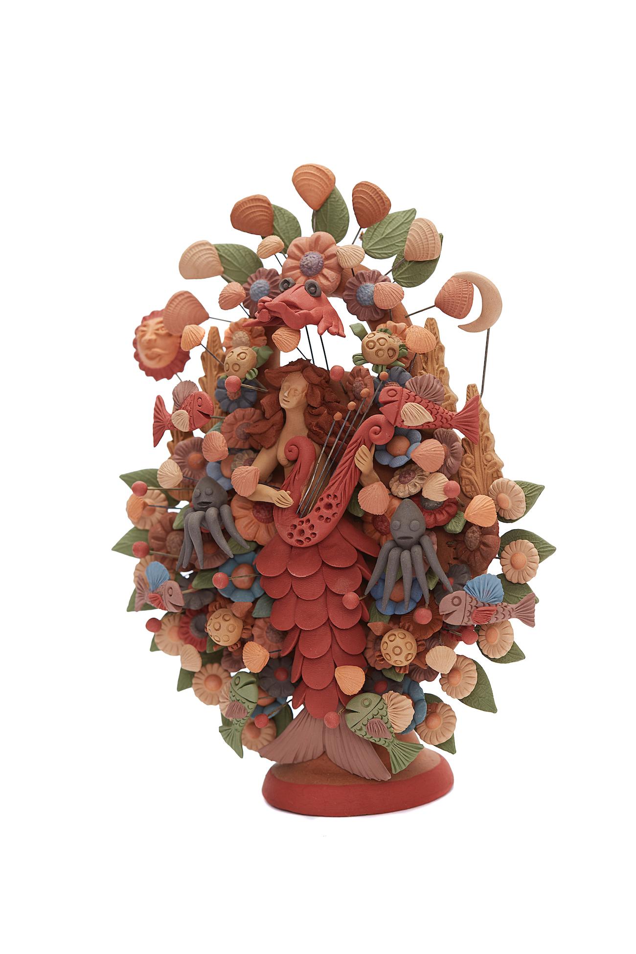 Arbol Sirena - Marmaid Tree / Ceramics Mexican Folk Art Clay - Sculpture by Cecilio Sanchez Fierro