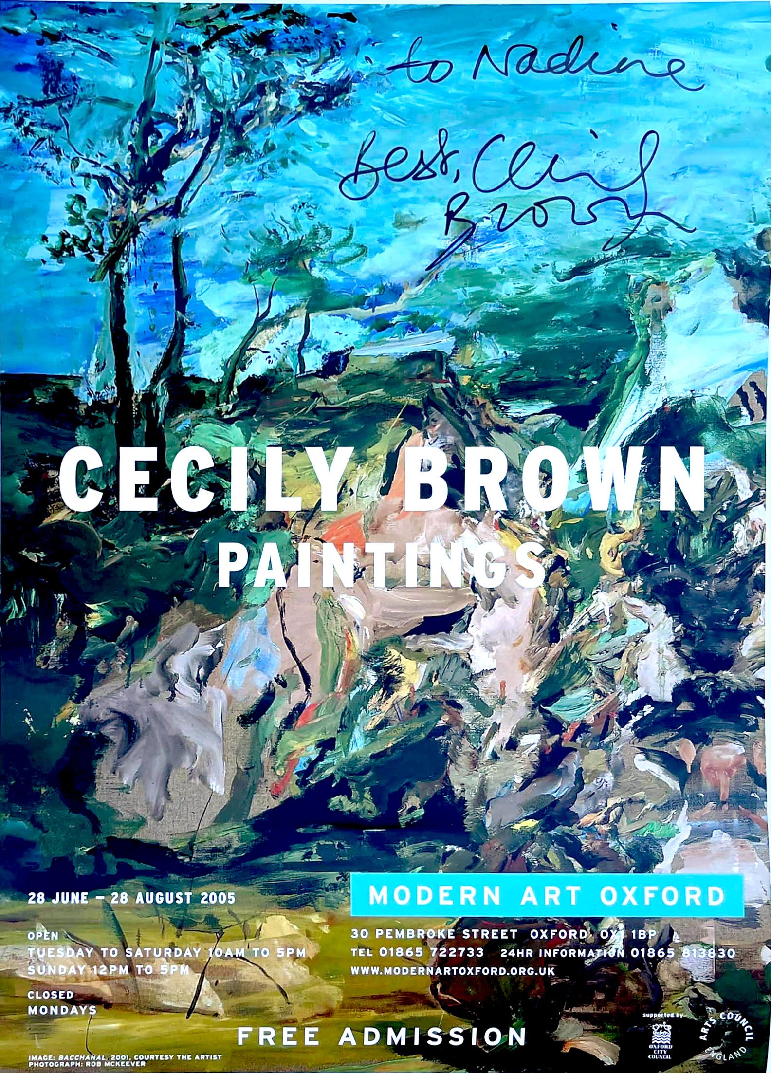 Cecily Brown Paintings at Modern Art Oxford (hand signed and inscribed), 2005
Offset lithograph poster (signed and inscribed to Nadine)
Hand signed and inscribed to Nadine by Cecily Brown on the front
16 1/2 × 11 1/2 inches
Unframed
This poster was