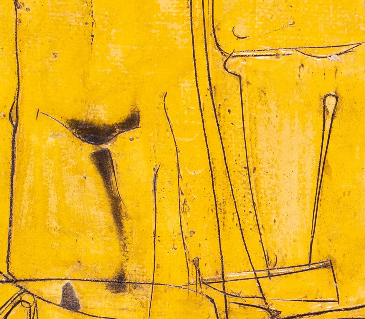 South African artist Cecily Sash, abstract in yellow and black with sgraffito For Sale 1