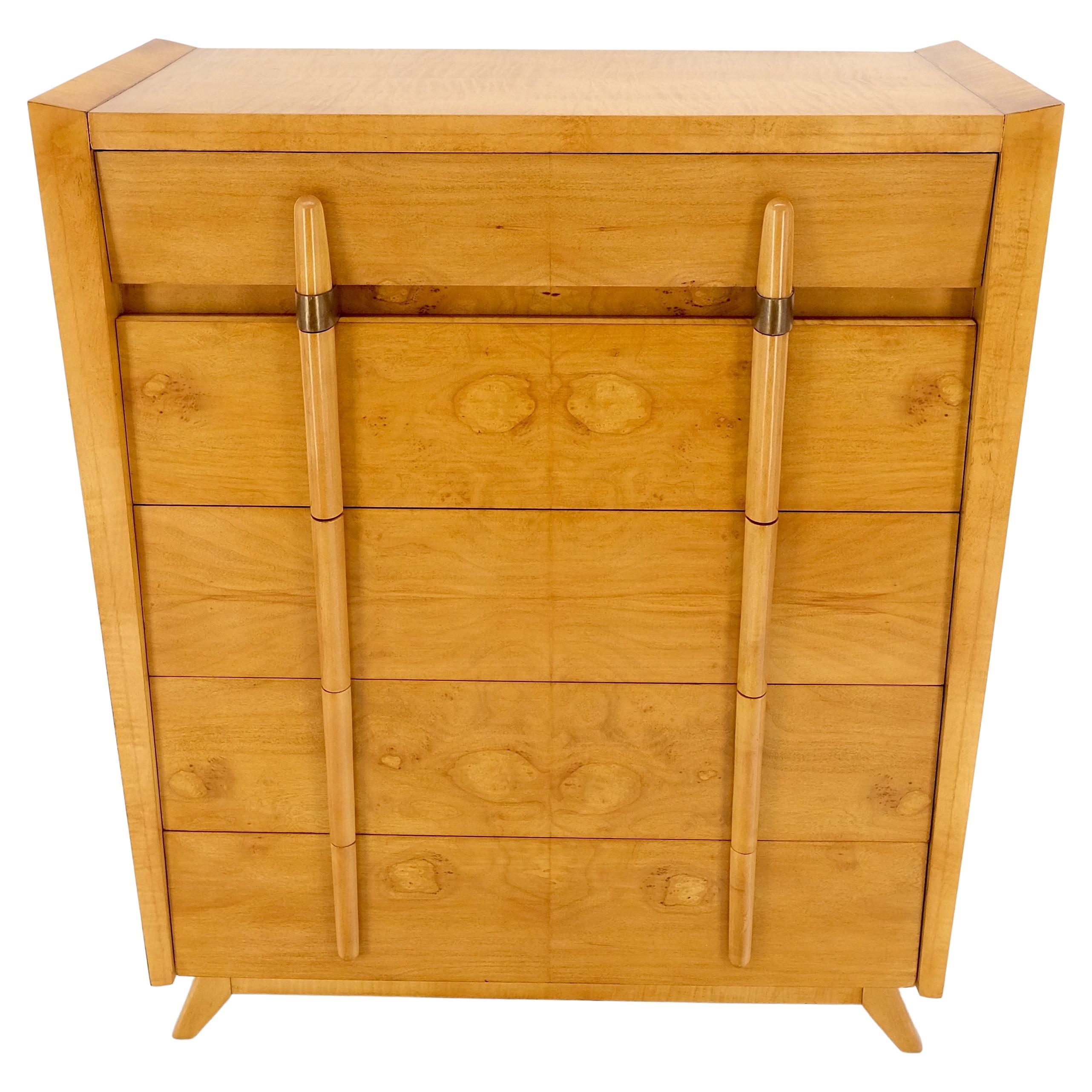 Cedar drawer w/ lid Mid-Century Modern burl high chest dresser sculptured pulls.
Honey-amber tone burl wood grain. Mint condition.