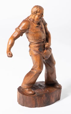 Cedar Wood Carving of a Male Figure Sewing Seed, South Tyrol, circa 1945